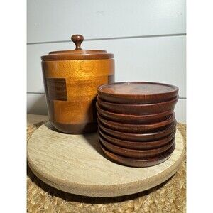 VTG Redwood? Checkered MCM Round Lidded Wood Box 8 Coaster